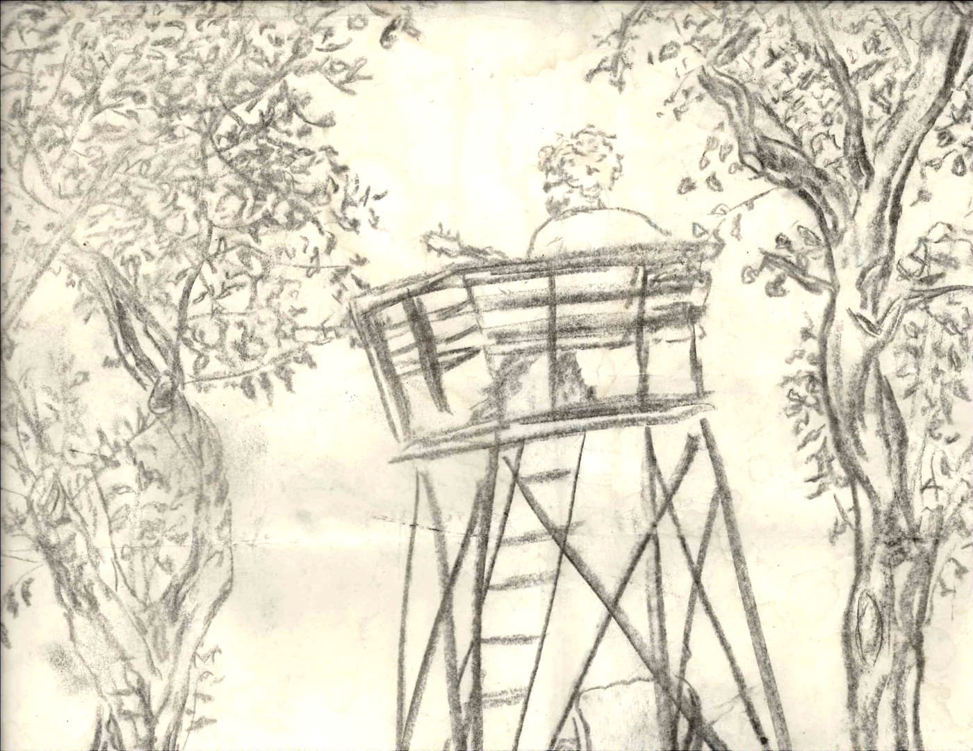 Pencil sketch of a figure sitting in a tall wooden lifeguard chair among trees